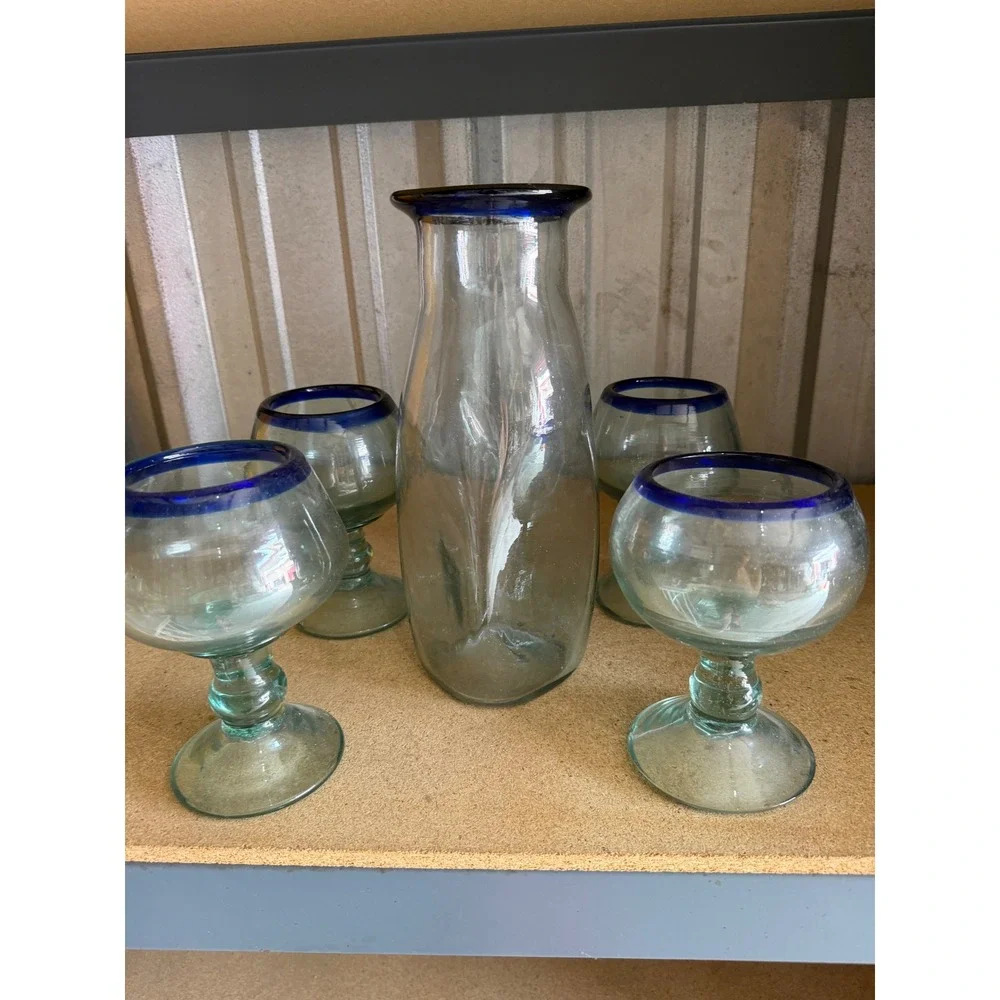 Mexican Hand Blown Glass Set 5pc Cobalt Blue Rim Pitcher and 4 Margarita Glasses